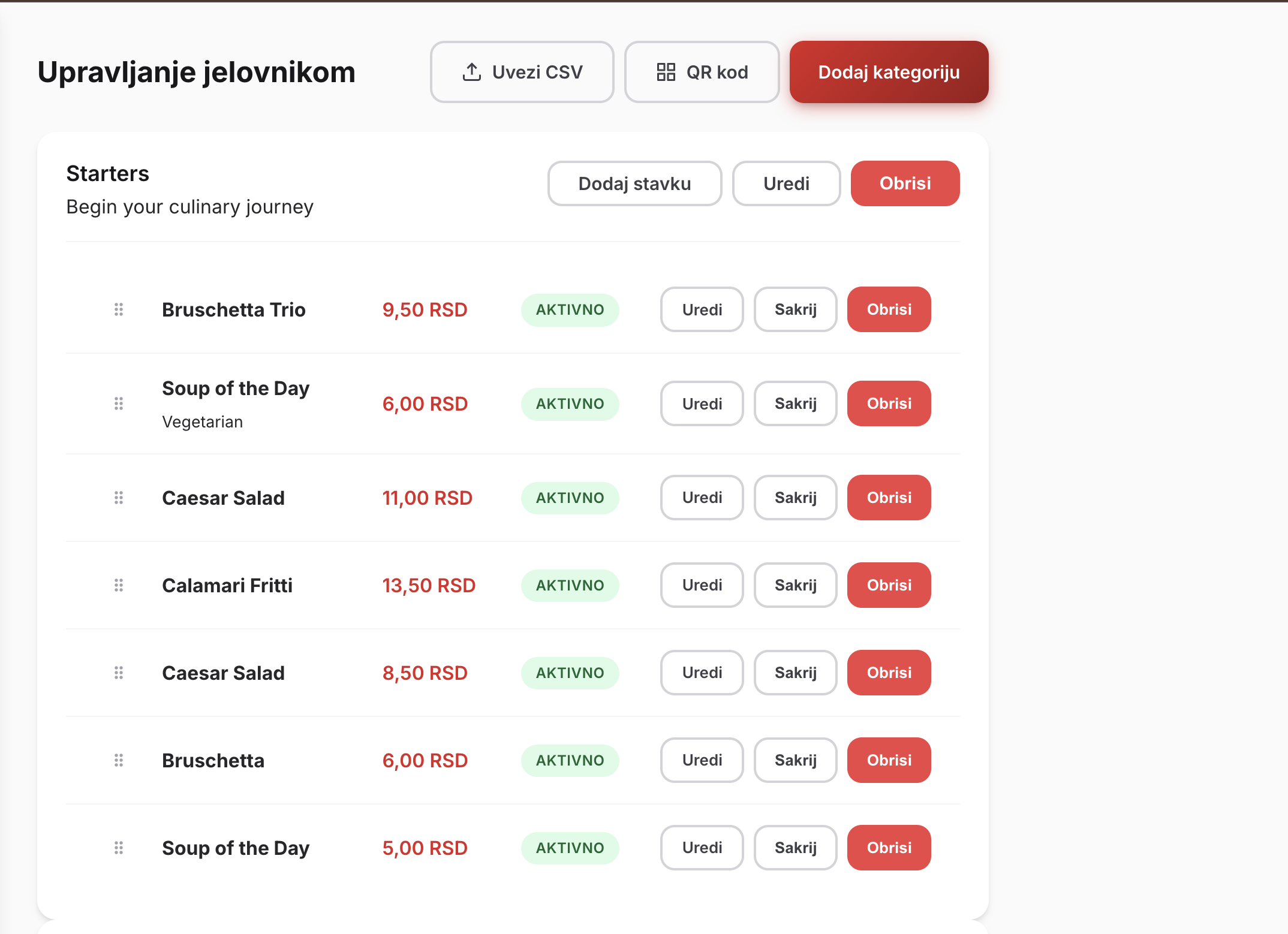 Upravljanje jelovnikom